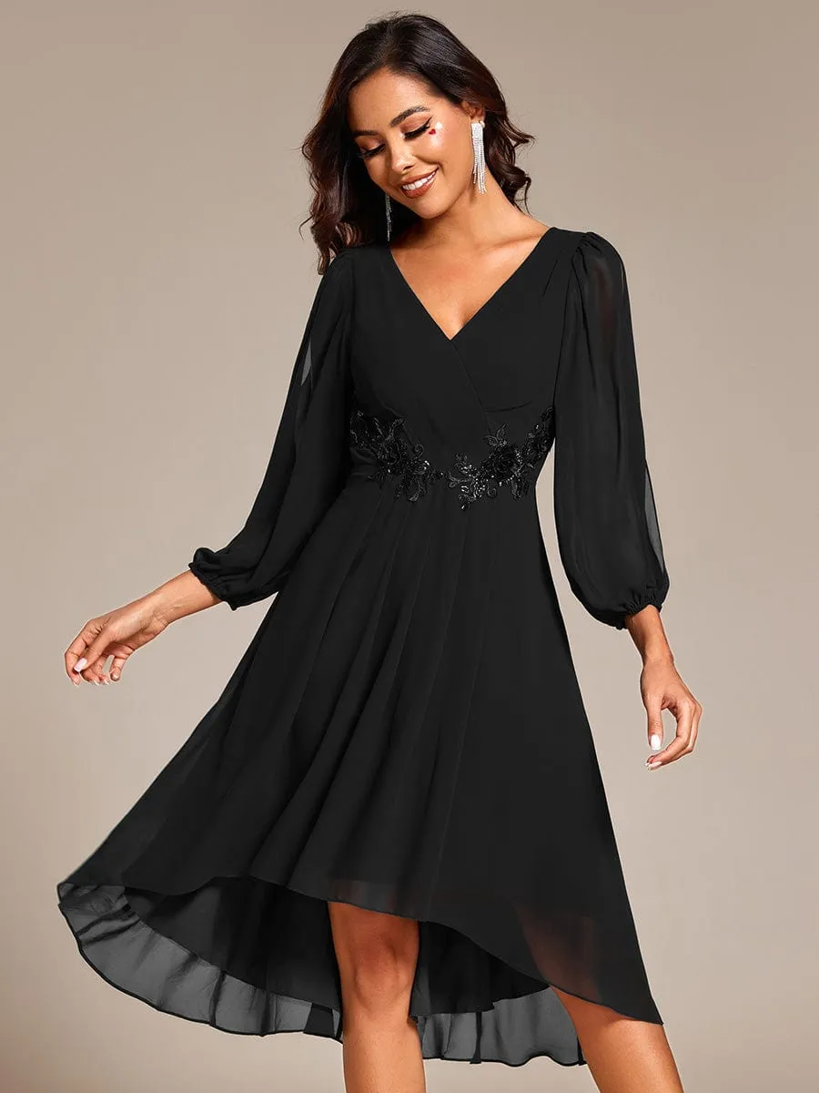 Long Sleeves Waist Applique A-Line Midi Chiffon Wedding Guest Dress