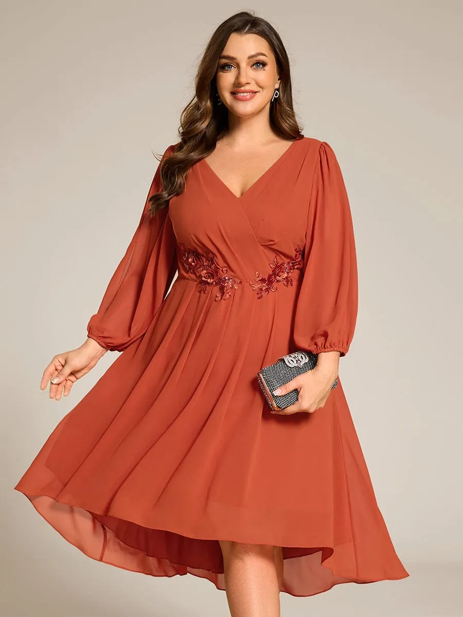 Long Sleeves Waist Applique A-Line Midi Chiffon Wedding Guest Dress