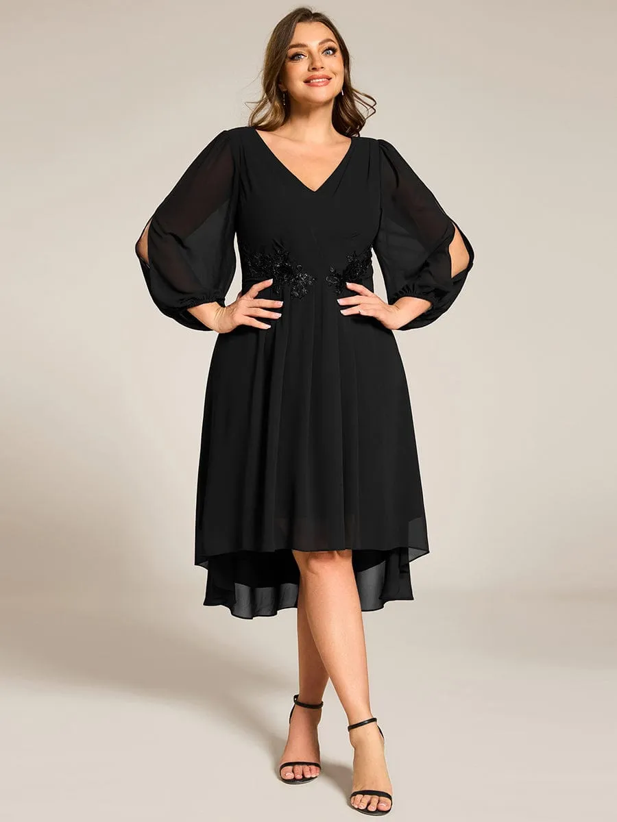 Long Sleeves Waist Applique A-Line Midi Chiffon Wedding Guest Dress