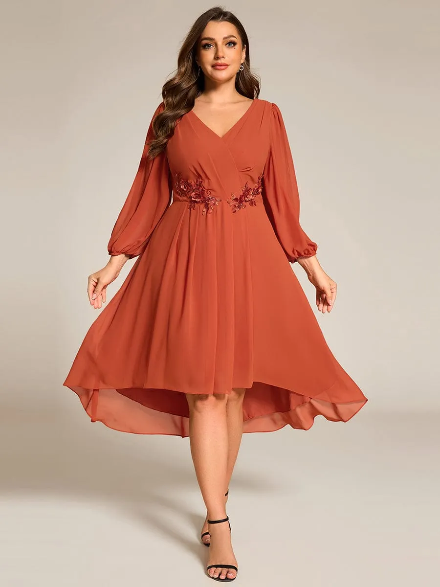 Long Sleeves Waist Applique A-Line Midi Chiffon Wedding Guest Dress