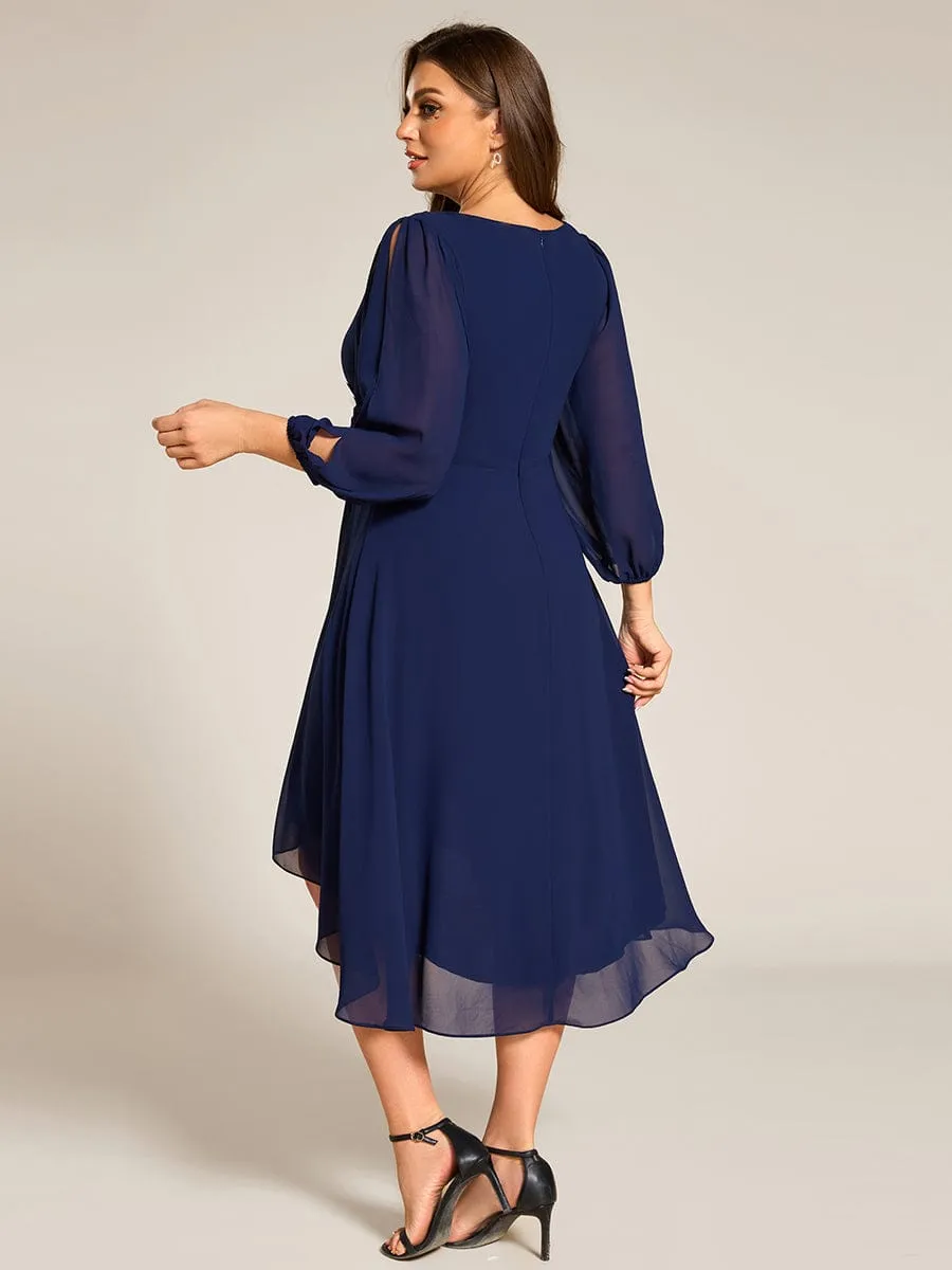 Long Sleeves Waist Applique A-Line Midi Chiffon Wedding Guest Dress