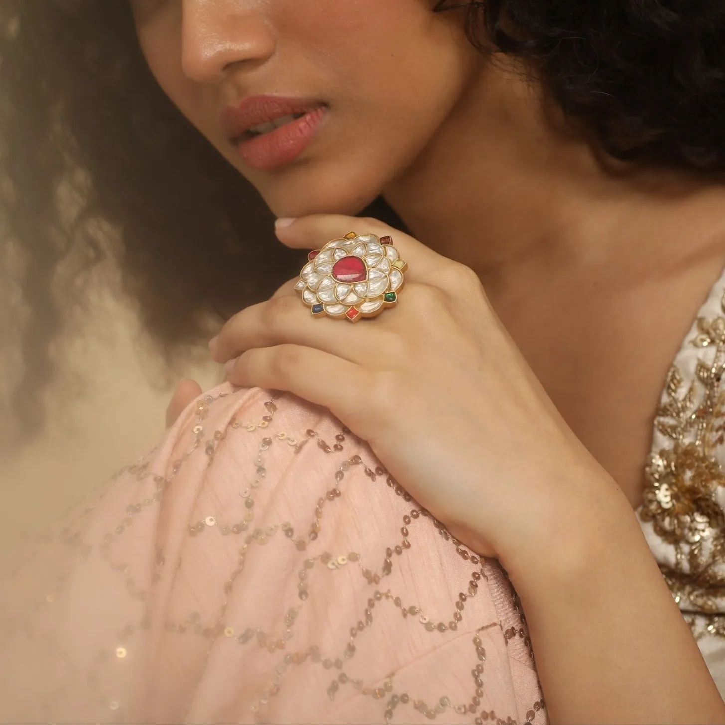 Malar Navratna Silver Ring