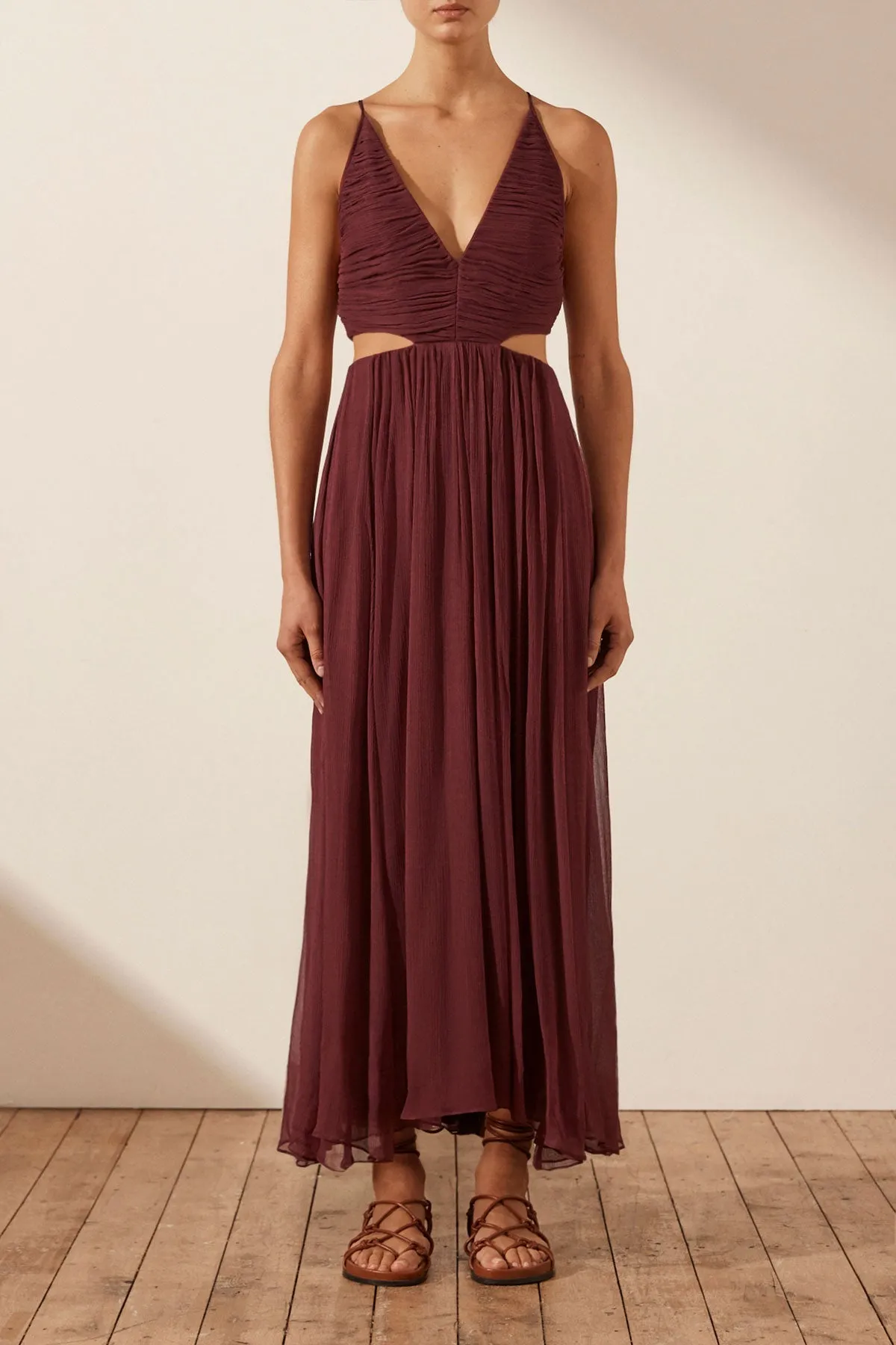 MARQUIS RUCHED CUT OUT MIDI DRESS - DEEP WINE