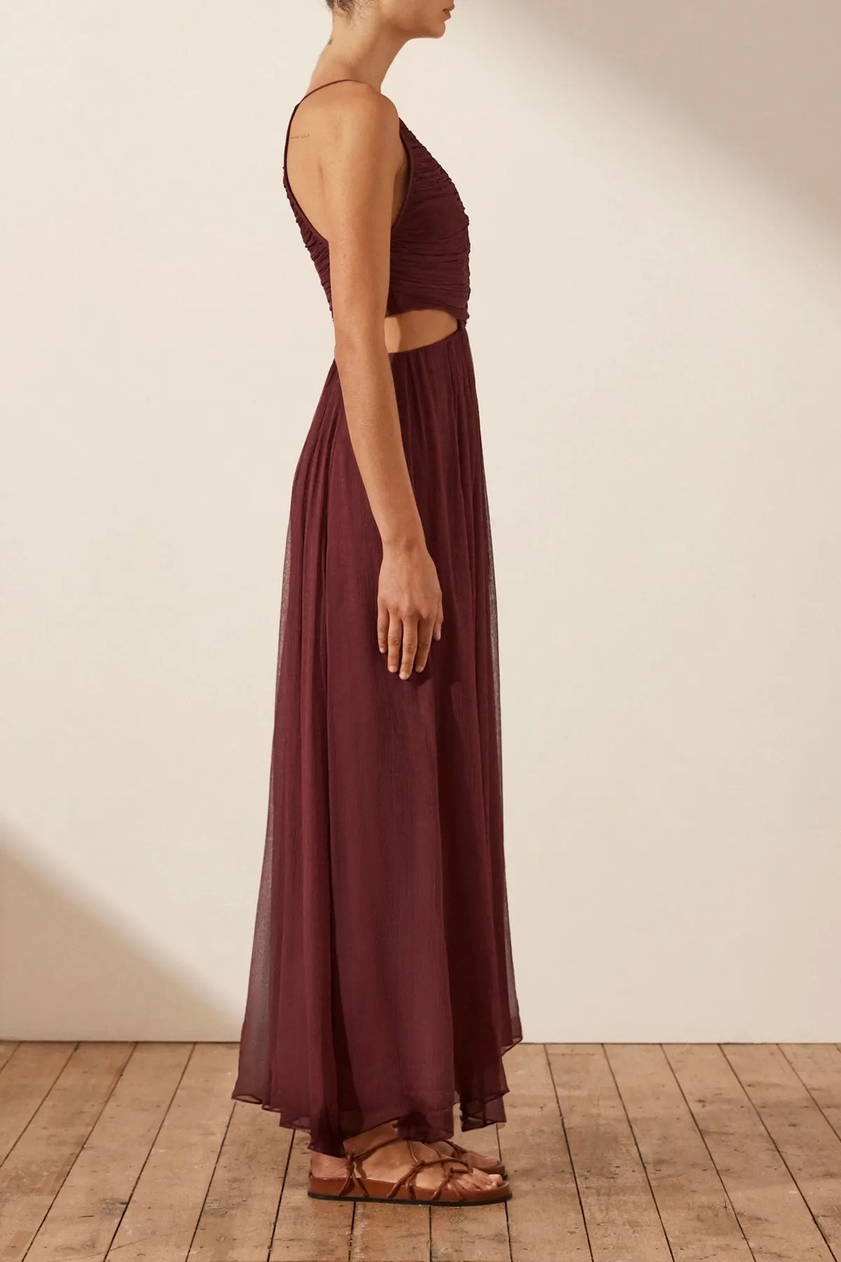 MARQUIS RUCHED CUT OUT MIDI DRESS - DEEP WINE