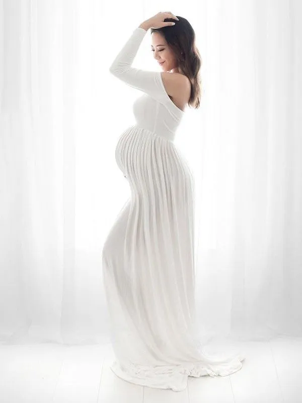 Momnfancy Bandeau Solid Off Shoulder Photoshot Maternity Maxi Dress