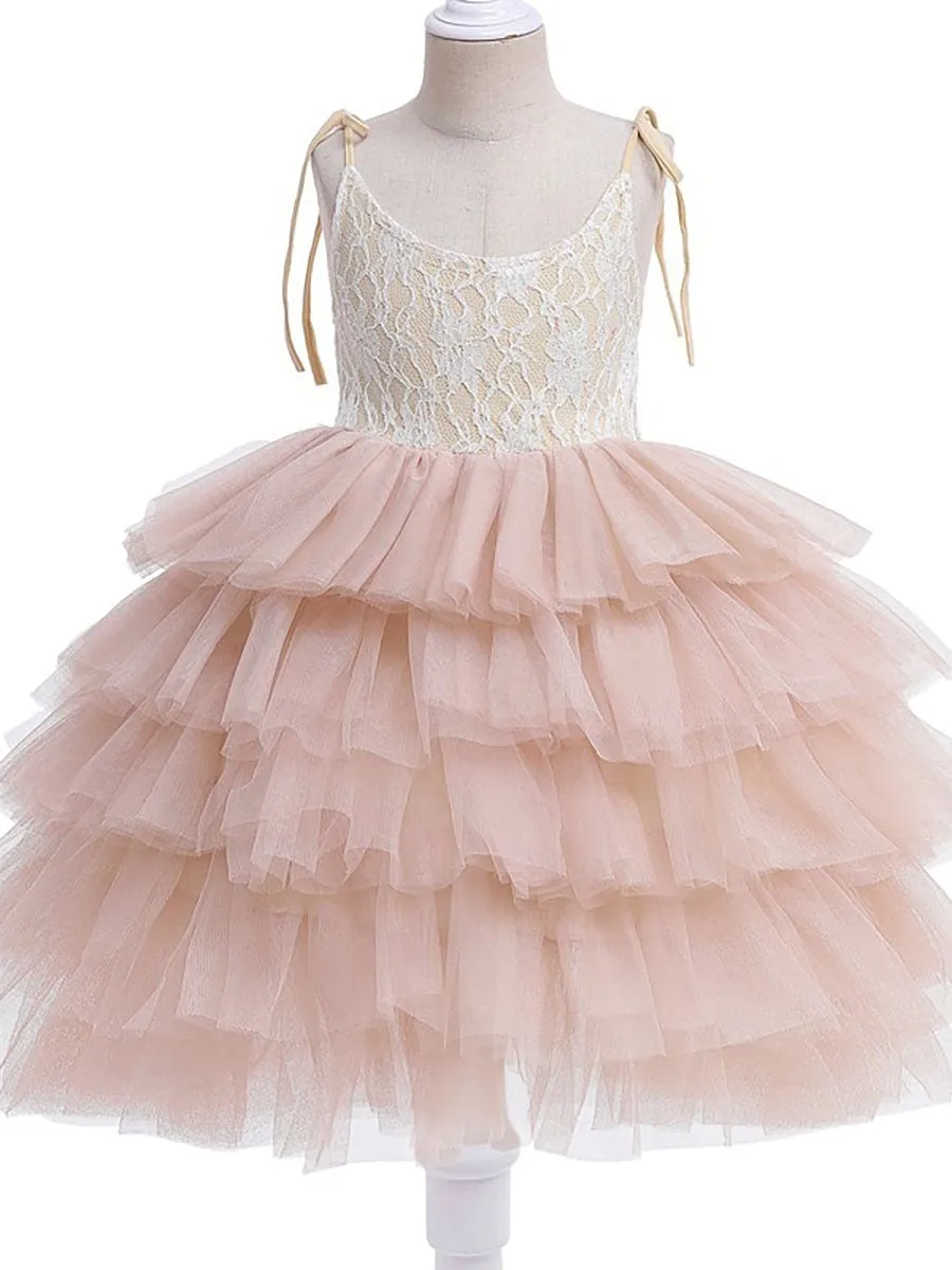 Multi-Layered Tulle Princess Flower Girl Dress with Spaghetti Straps