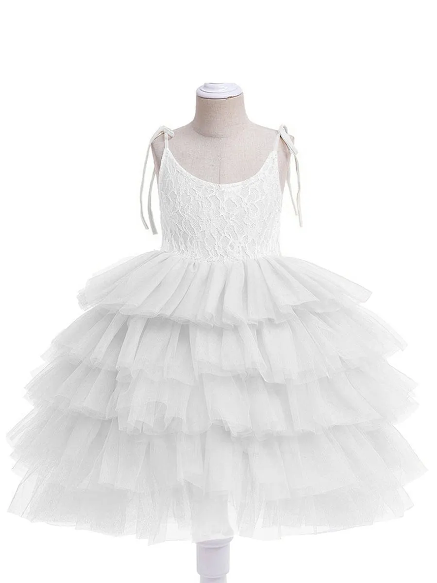 Multi-Layered Tulle Princess Flower Girl Dress with Spaghetti Straps