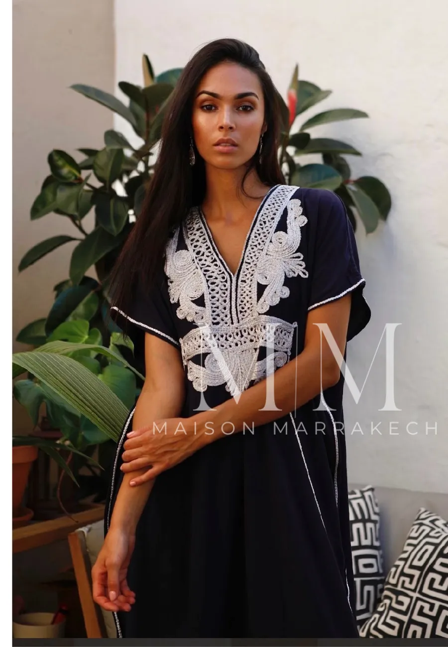 Navy Blue Silver Marrakech Resort Kaftan Caftan-Moroccan Kaftan