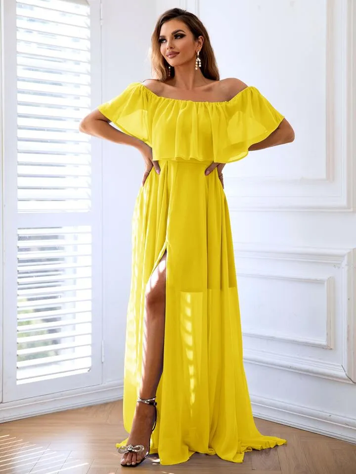 Off shoulder ruffle trim split thigh chiffon dress in yellow