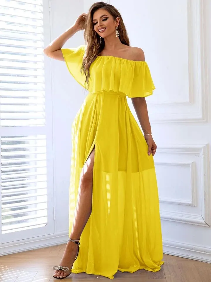 Off shoulder ruffle trim split thigh chiffon dress in yellow