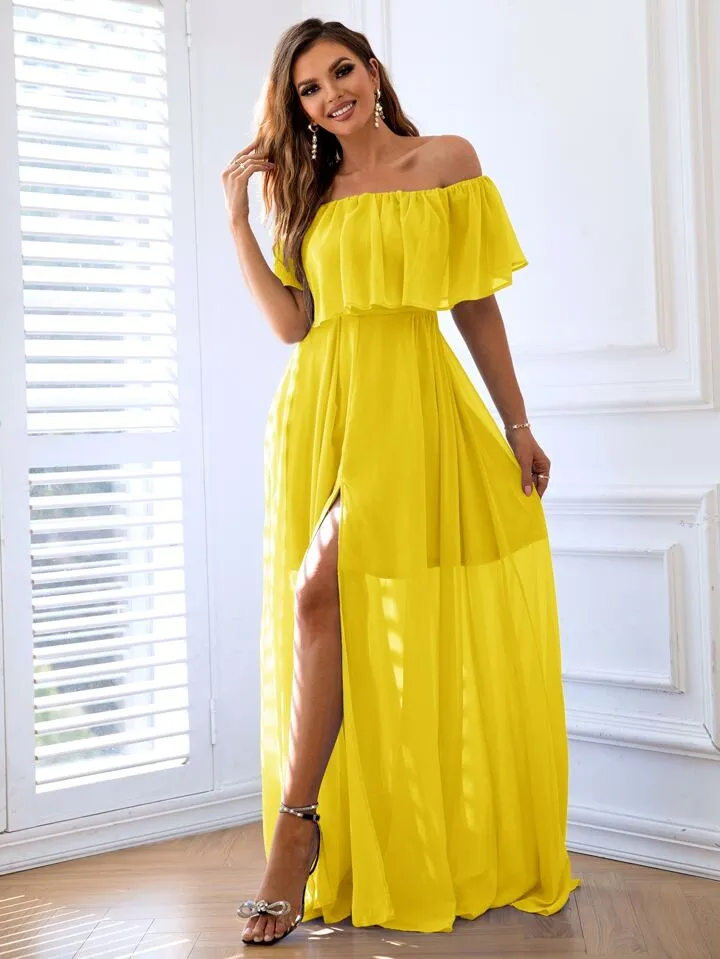 Off shoulder ruffle trim split thigh chiffon dress in yellow