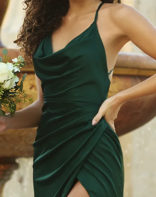 OLIVIA Satin Cowl Neck Bridesmaid Dress with Cross Back - Emerald Green