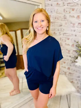 One Shoulder Navy Cutout Romper