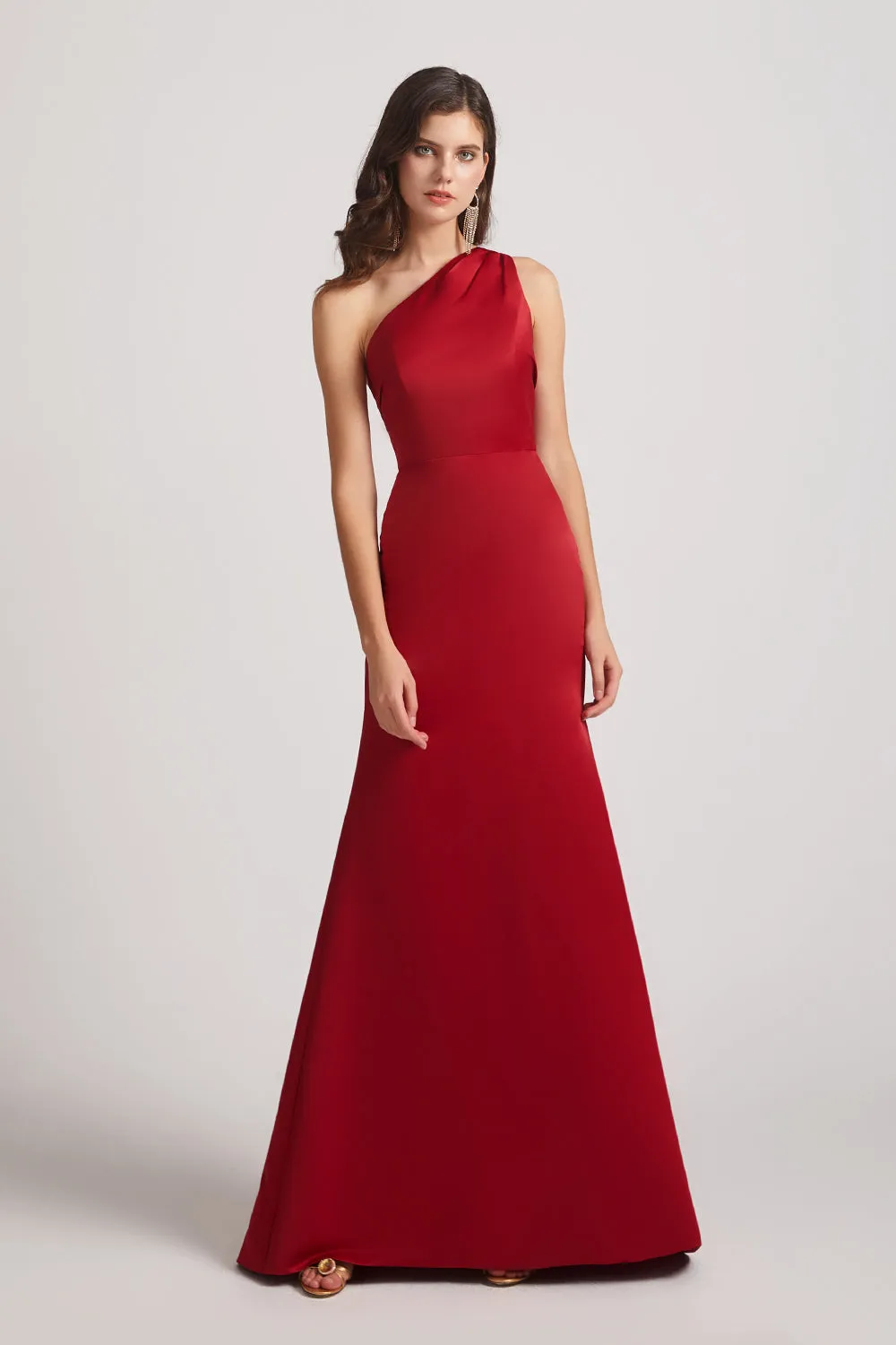 One Shoulder Satin Sheath Open Back Bridesmaid Dresses (AF0165)