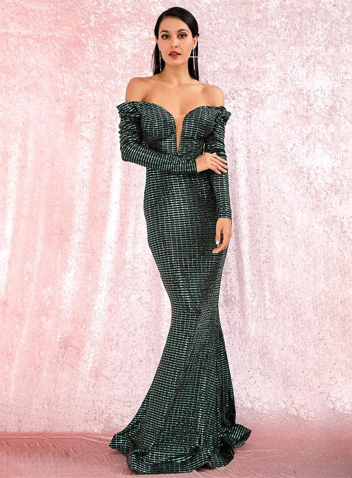 Open Shoulder Sequins Long Sleeve Maxi Dress