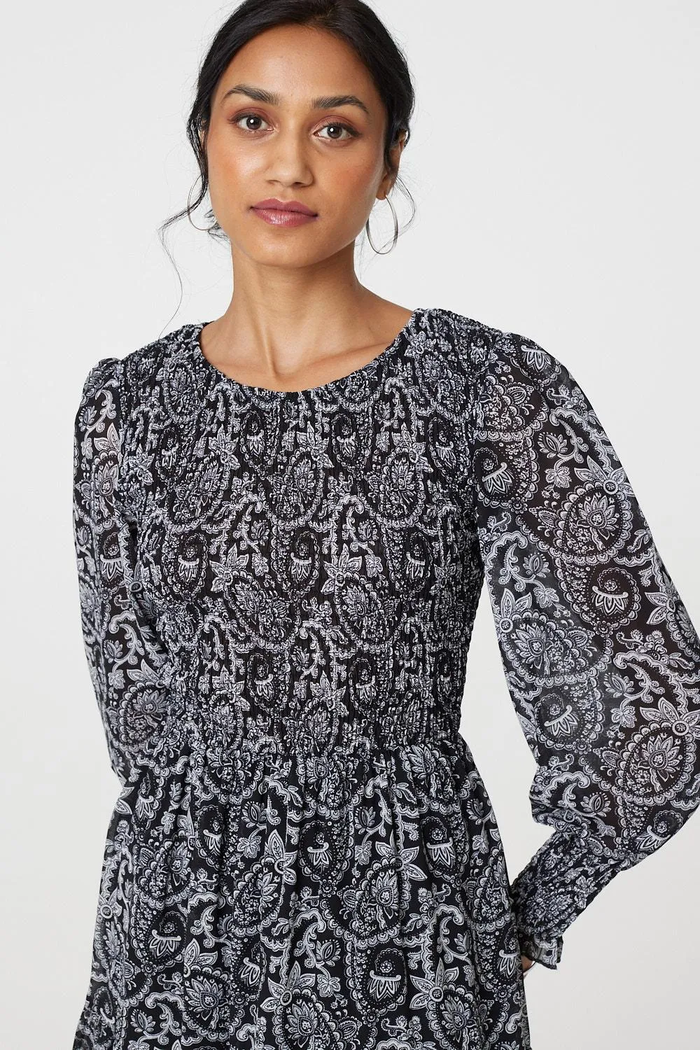 Paisley Long Puff Sleeve Midi Smock Dress