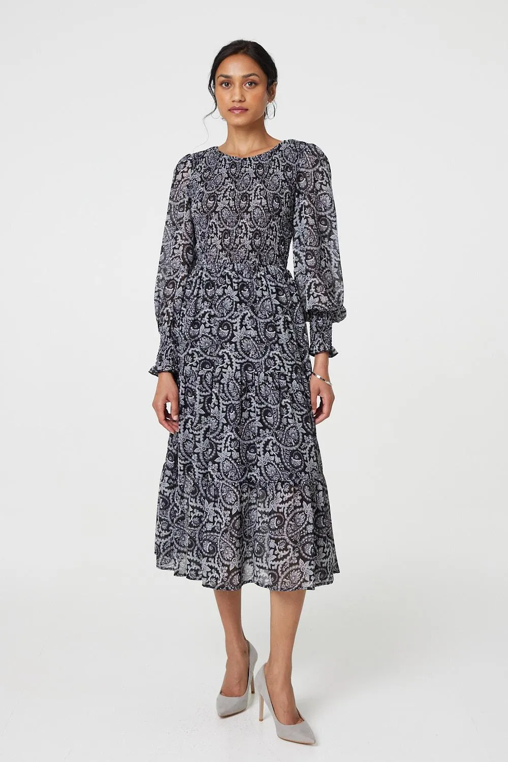 Paisley Long Puff Sleeve Midi Smock Dress