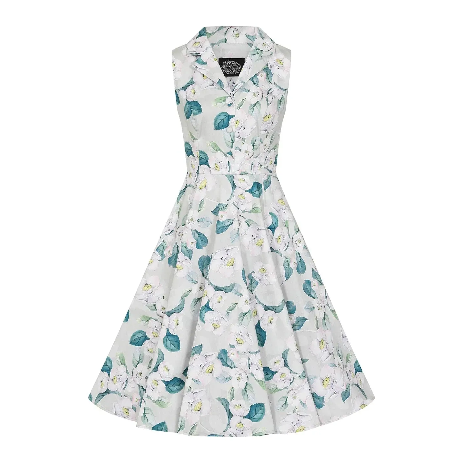 Pale Mint Green & White Floral Collared Sleeveless 50s Swing Tea Dress