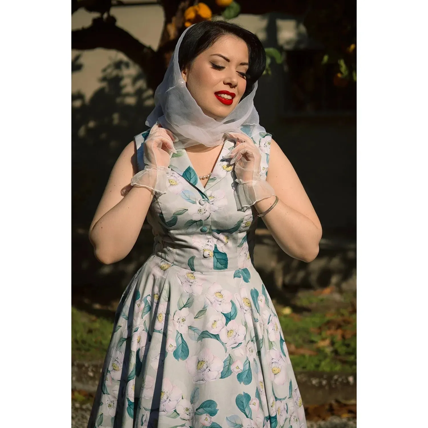 Pale Mint Green & White Floral Collared Sleeveless 50s Swing Tea Dress