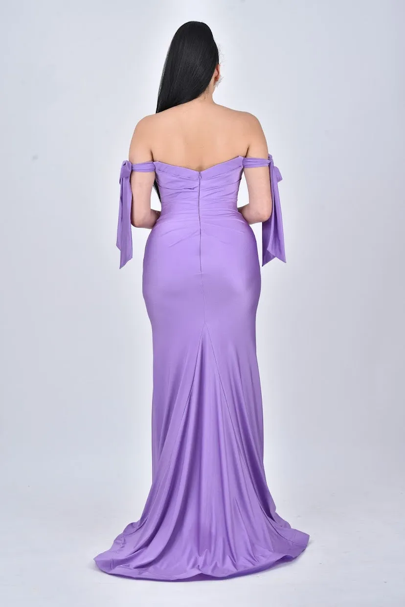 PENELOPE Off Shoulder Bridesmaids Maxi Dress with Bow Train and Side Split - Lavender Purple