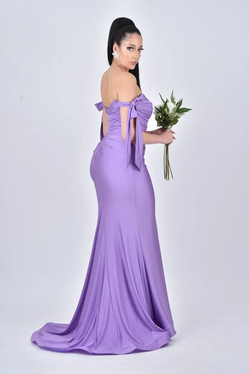 PENELOPE Off Shoulder Bridesmaids Maxi Dress with Bow Train and Side Split - Lavender Purple