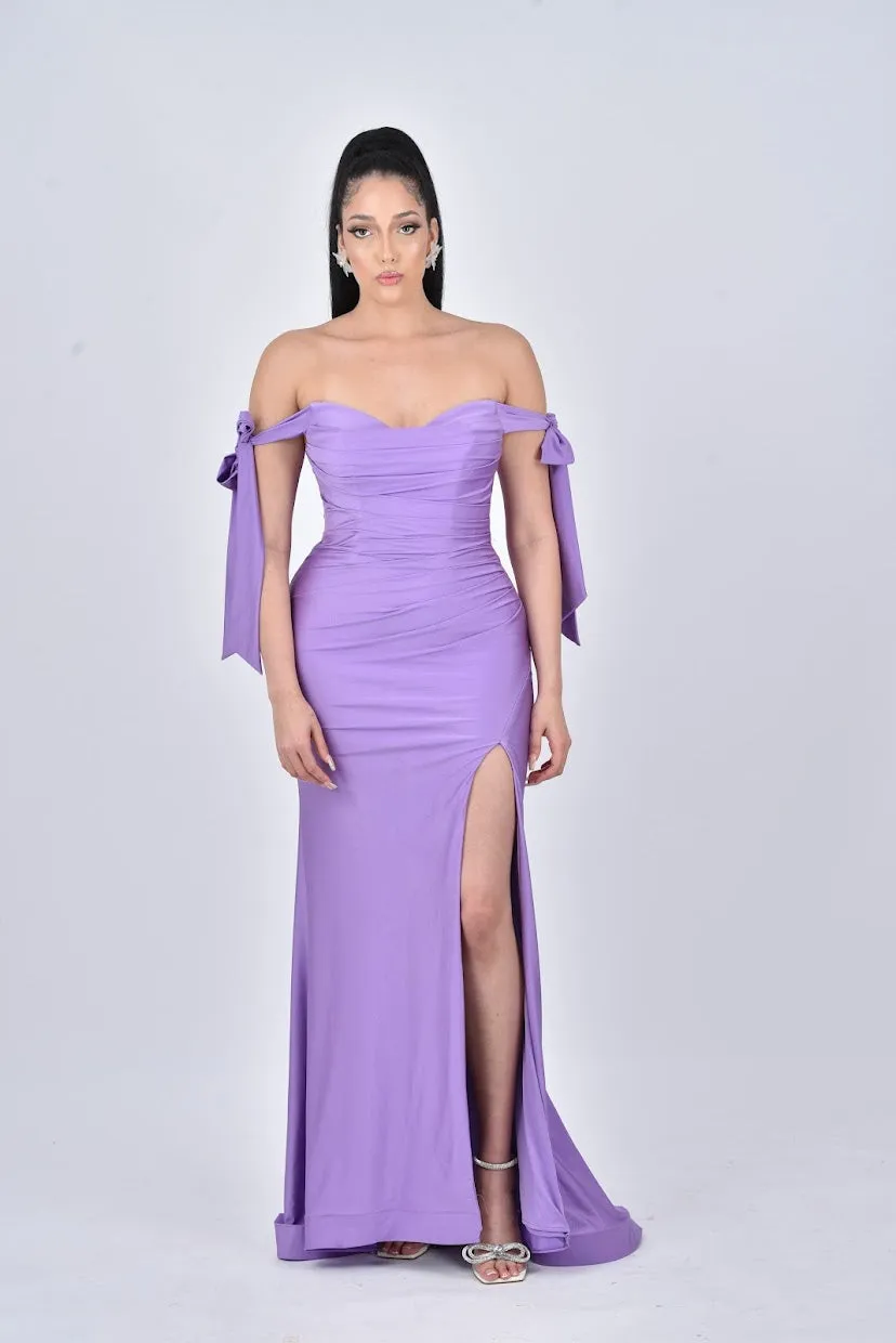 PENELOPE Off Shoulder Bridesmaids Maxi Dress with Bow Train and Side Split - Lavender Purple