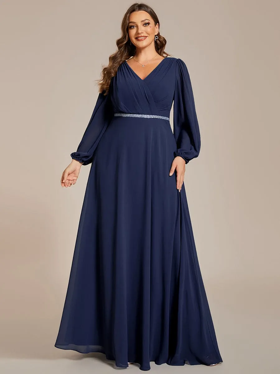 Pleated Double V-Neck Long Sleeves Shiny Belt Chiffon Evening Dress