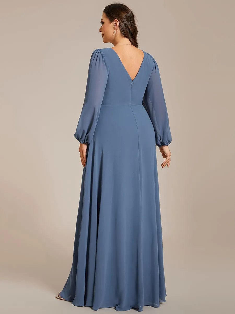 Pleated Double V-Neck Long Sleeves Shiny Belt Chiffon Evening Dress