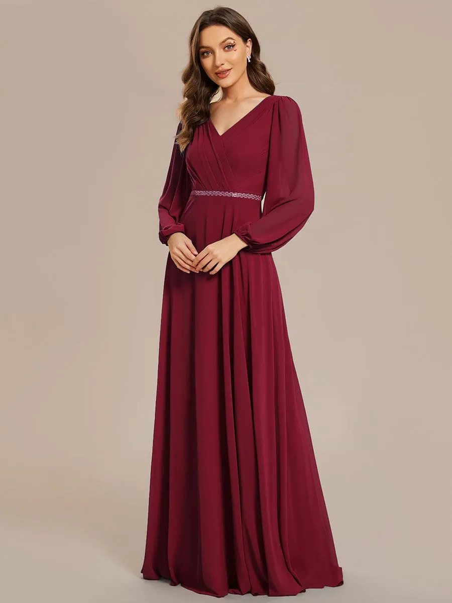 Pleated Double V-Neck Long Sleeves Shiny Belt Chiffon Evening Dress