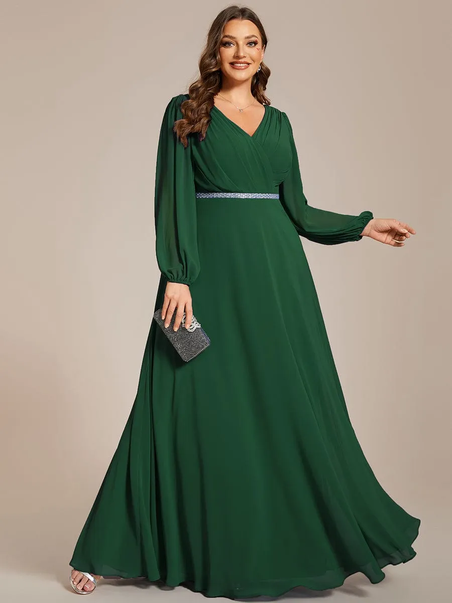 Pleated Double V-Neck Long Sleeves Shiny Belt Chiffon Evening Dress