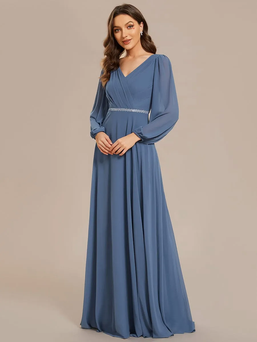 Pleated Double V-Neck Long Sleeves Shiny Belt Chiffon Evening Dress