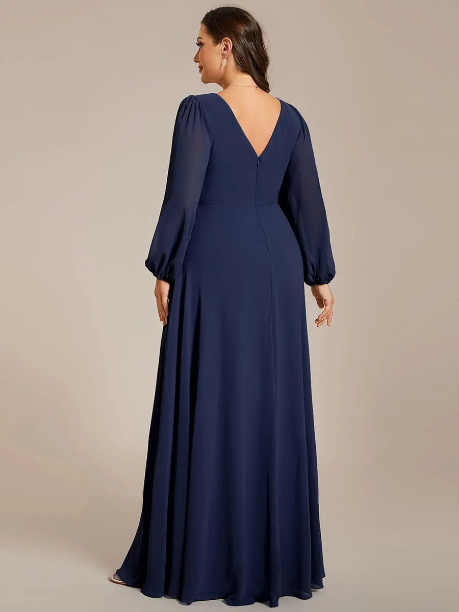 Pleated Double V-Neck Long Sleeves Shiny Belt Chiffon Evening Dress