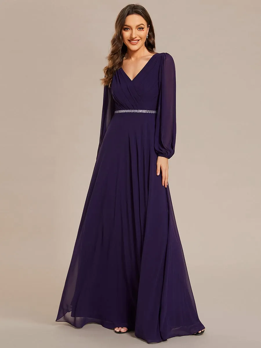 Pleated Double V-Neck Long Sleeves Shiny Belt Chiffon Evening Dress