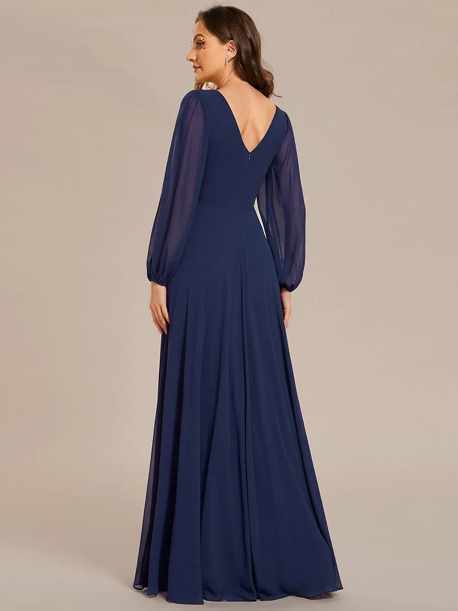 Pleated Double V-Neck Long Sleeves Shiny Belt Chiffon Evening Dress