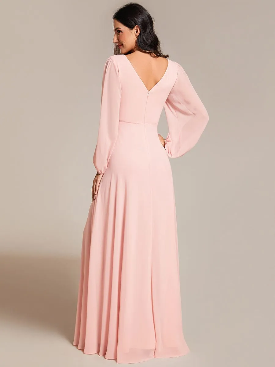 Pleated Double V-Neck Long Sleeves Shiny Belt Chiffon Evening Dress