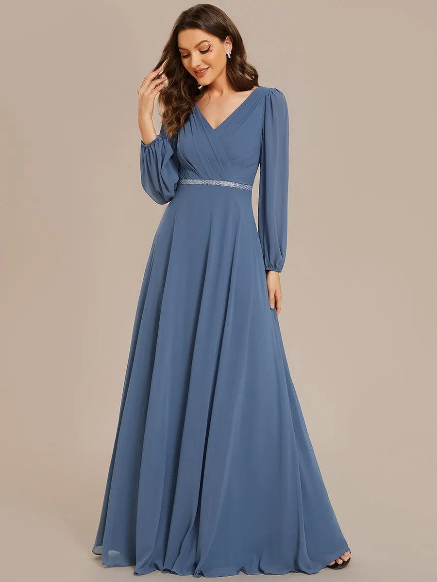 Pleated Double V-Neck Long Sleeves Shiny Belt Chiffon Evening Dress