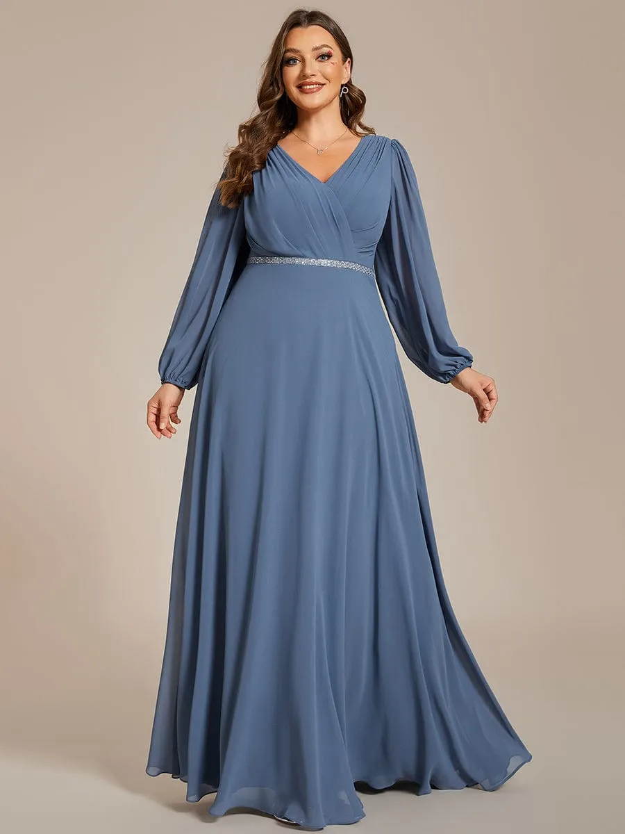 Pleated Double V-Neck Long Sleeves Shiny Belt Chiffon Evening Dress