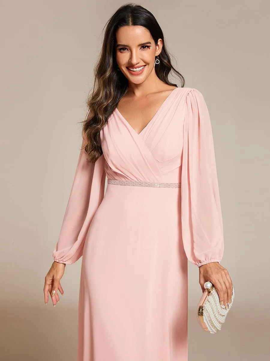 Pleated Double V-Neck Long Sleeves Shiny Belt Chiffon Evening Dress