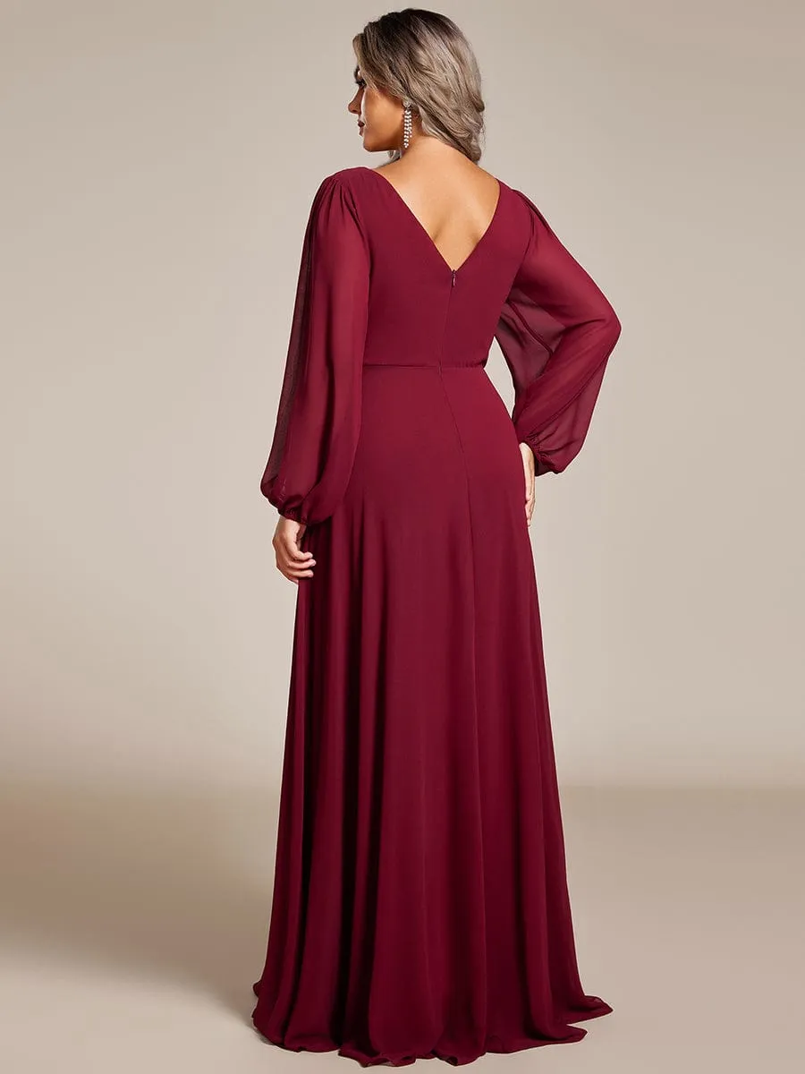 Pleated Double V-Neck Long Sleeves Shiny Belt Chiffon Evening Dress