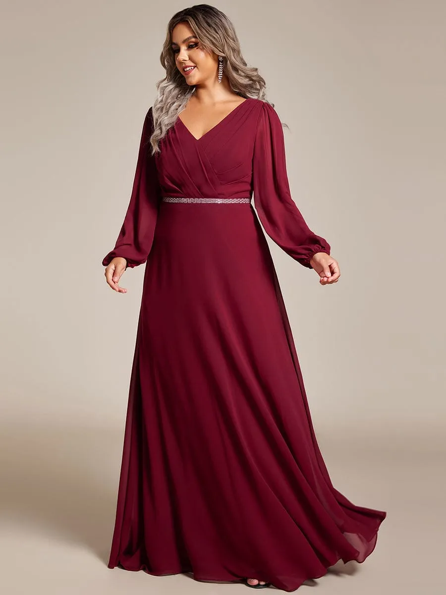 Pleated Double V-Neck Long Sleeves Shiny Belt Chiffon Evening Dress