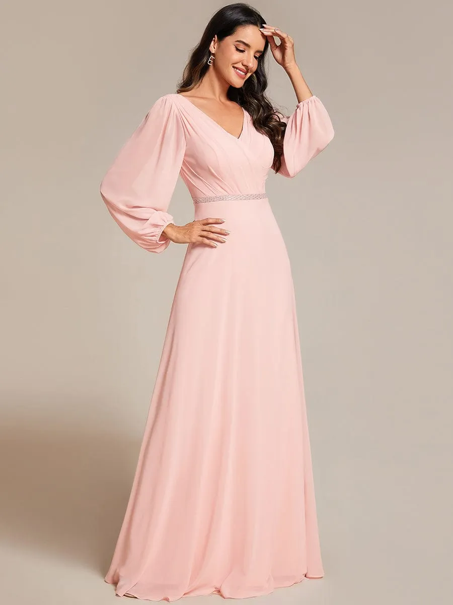 Pleated Double V-Neck Long Sleeves Shiny Belt Chiffon Evening Dress