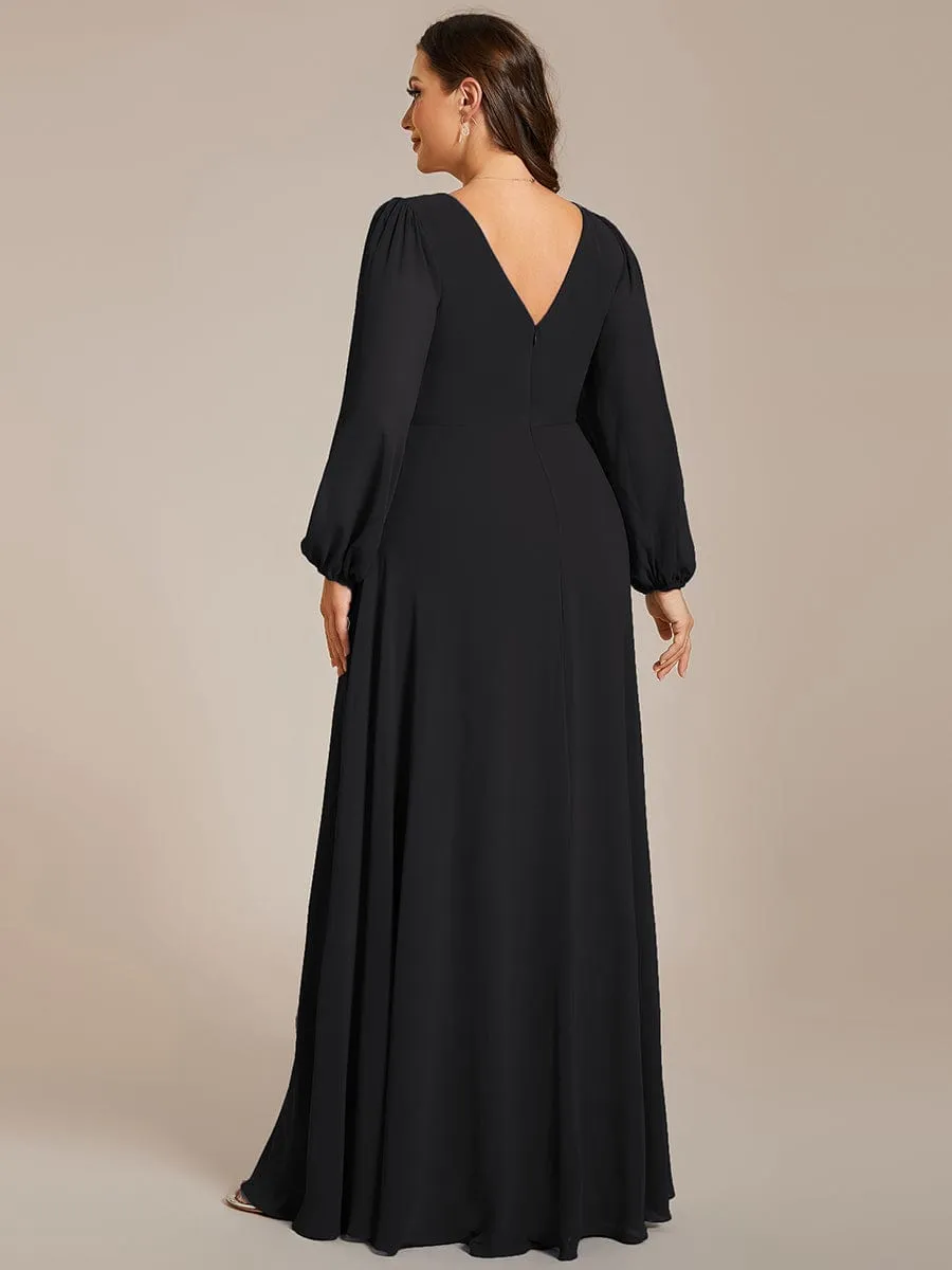 Pleated Double V-Neck Long Sleeves Shiny Belt Chiffon Evening Dress