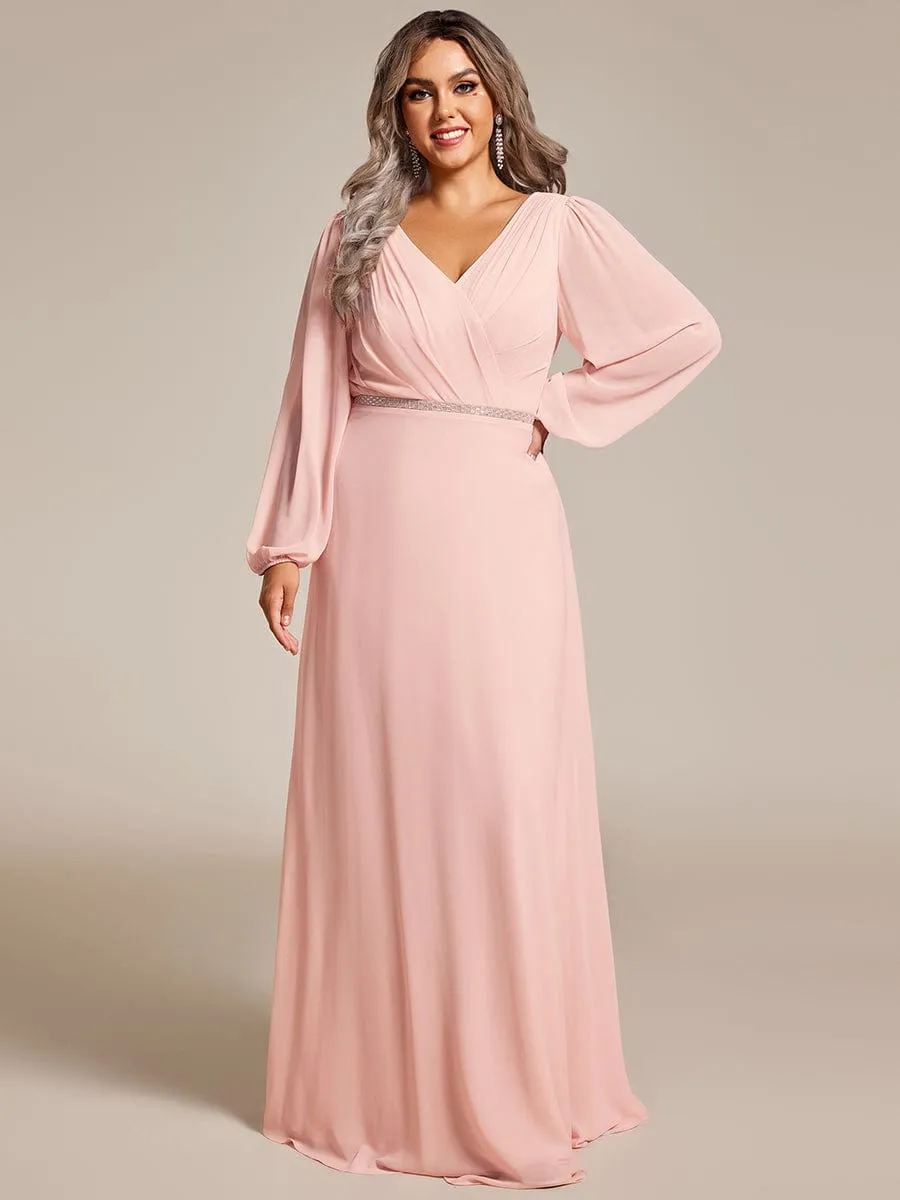 Pleated Double V-Neck Long Sleeves Shiny Belt Chiffon Evening Dress