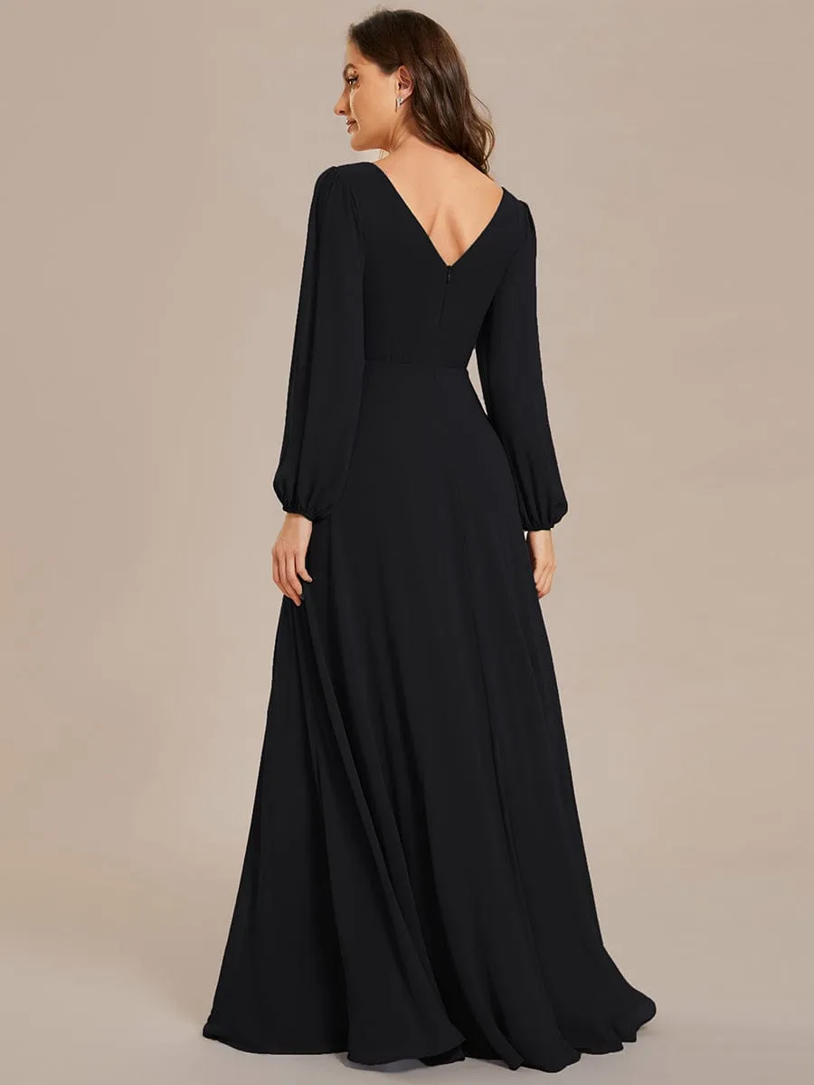 Pleated Double V-Neck Long Sleeves Shiny Belt Chiffon Evening Dress