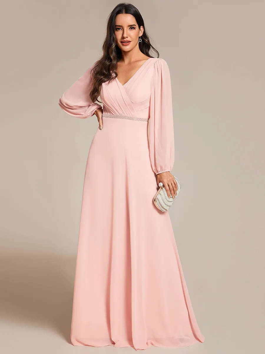 Pleated Double V-Neck Long Sleeves Shiny Belt Chiffon Evening Dress