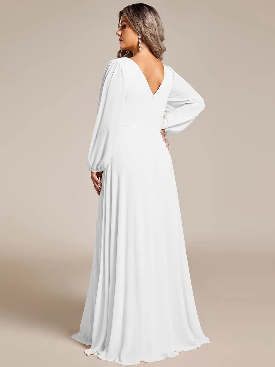 Pleated Double V-Neck Long Sleeves Shiny Belt Chiffon Evening Dress