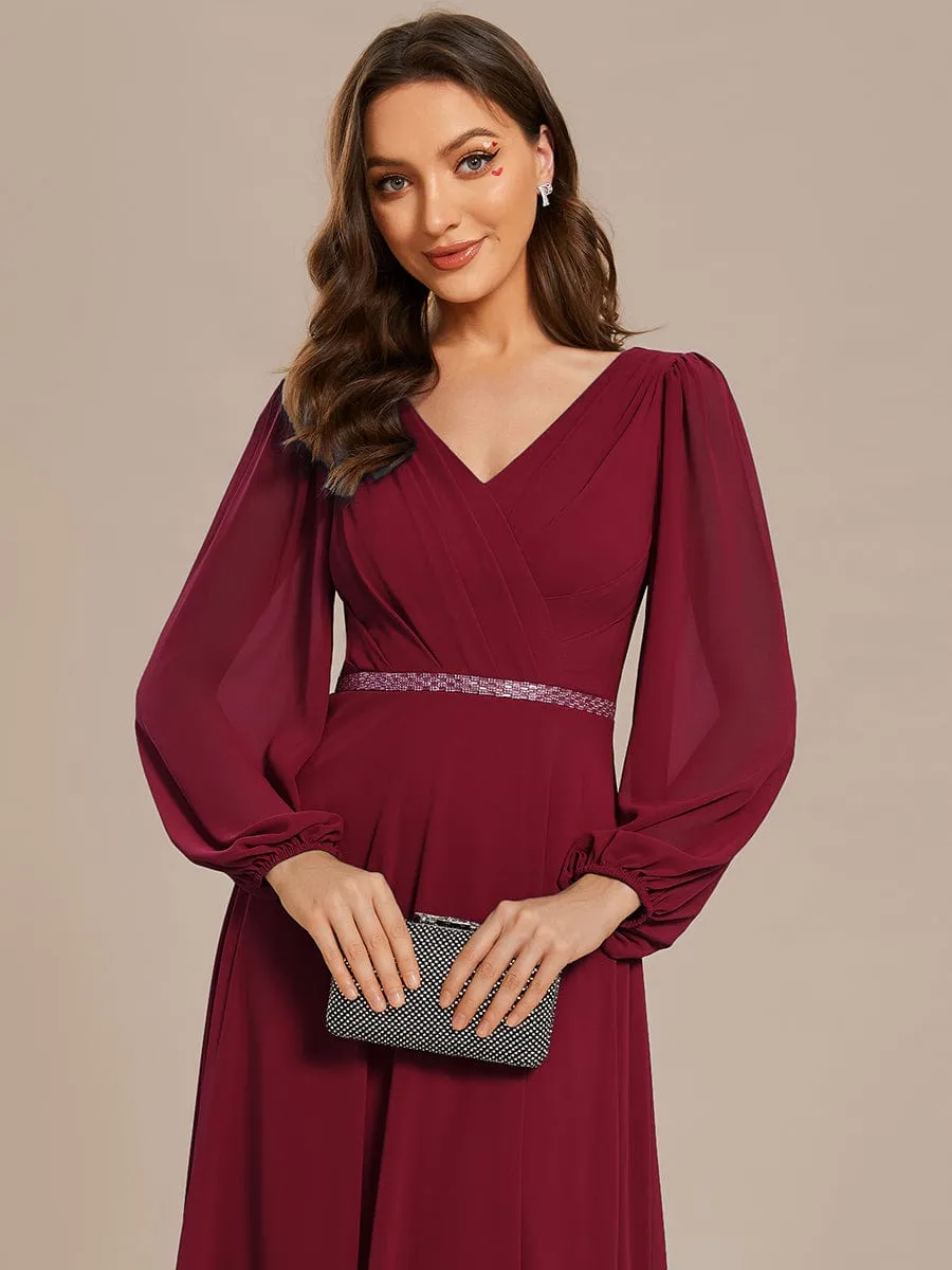 Pleated Double V-Neck Long Sleeves Shiny Belt Chiffon Evening Dress