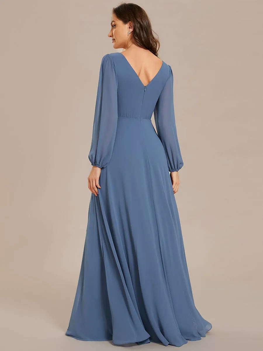 Pleated Double V-Neck Long Sleeves Shiny Belt Chiffon Evening Dress