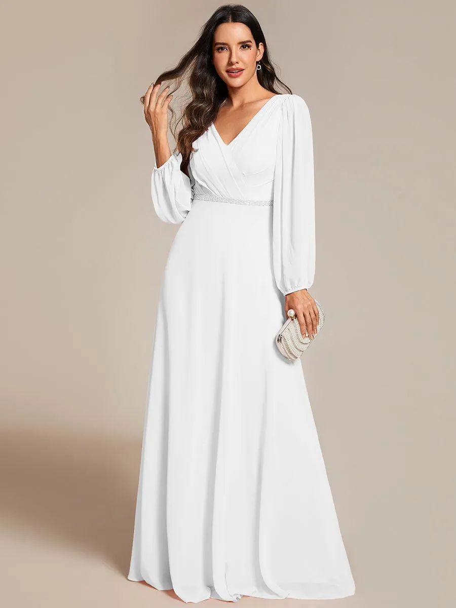 Pleated Double V-Neck Long Sleeves Shiny Belt Chiffon Evening Dress