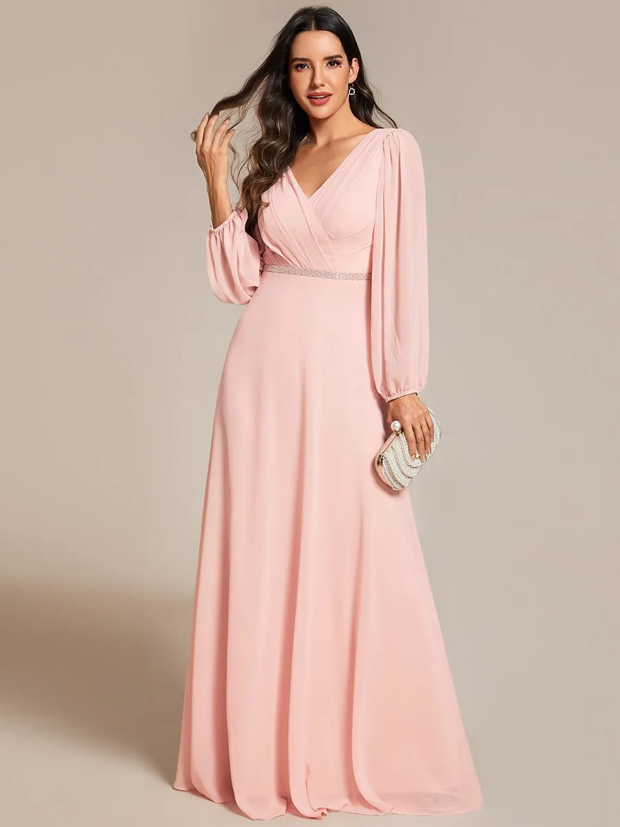 Pleated Double V-Neck Long Sleeves Shiny Belt Chiffon Evening Dress